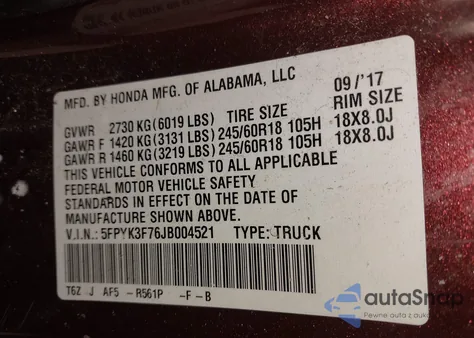 2018 Honda Ridgeline Rtl-E from USA, damaged, VIN 5FPYK3F76JB004521